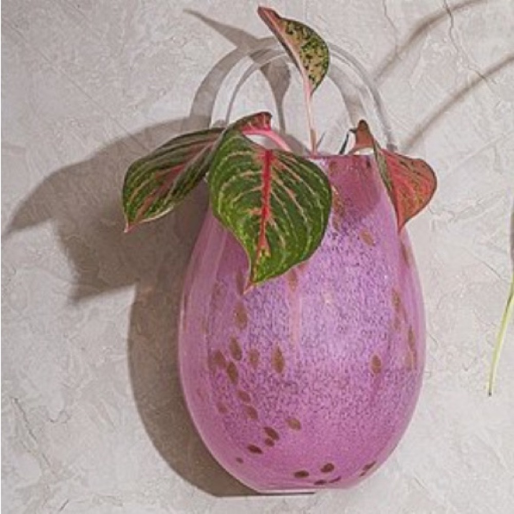 Evergreen Art Glass Hanging Vase Wall Pink  Specks of Gold for plant like pothos